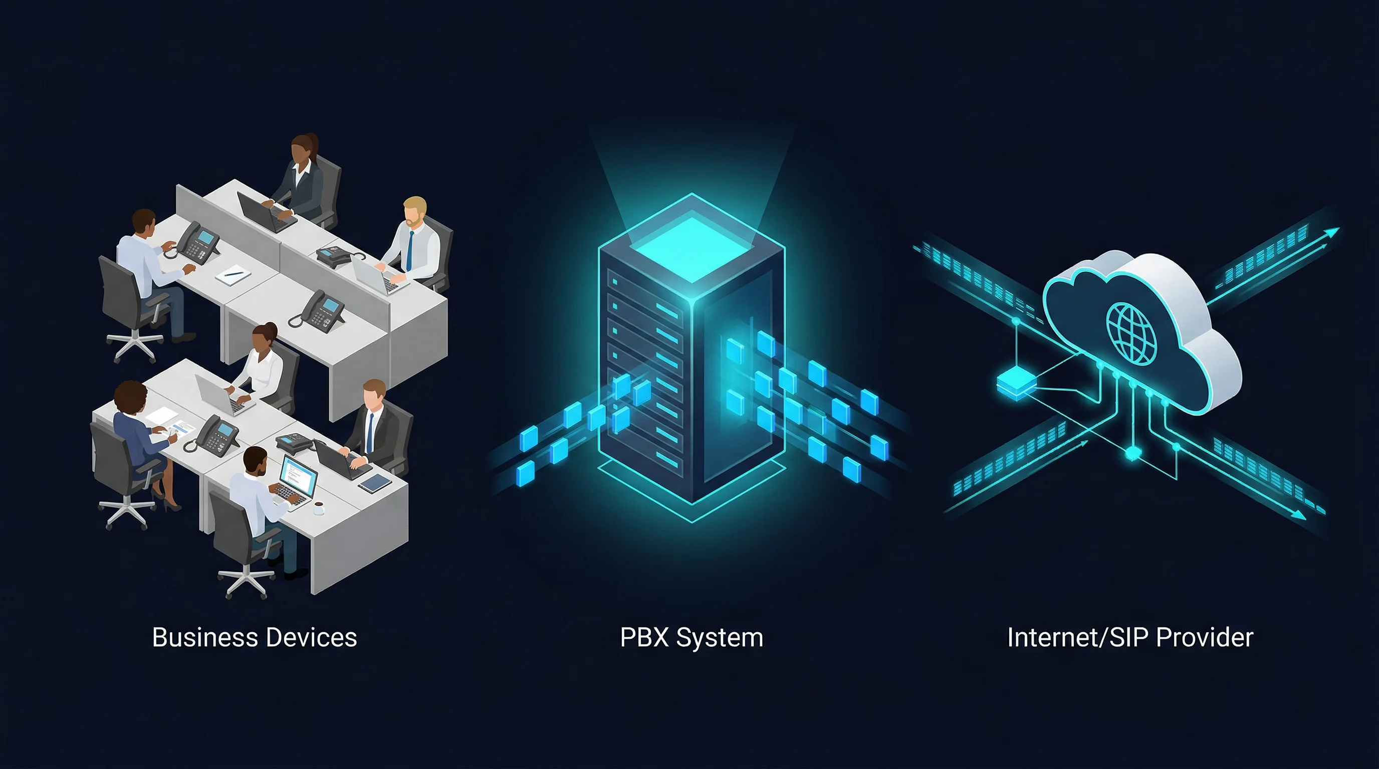 SIP trunking architecture diagram showing voice conversion from analog to digital packets over internet